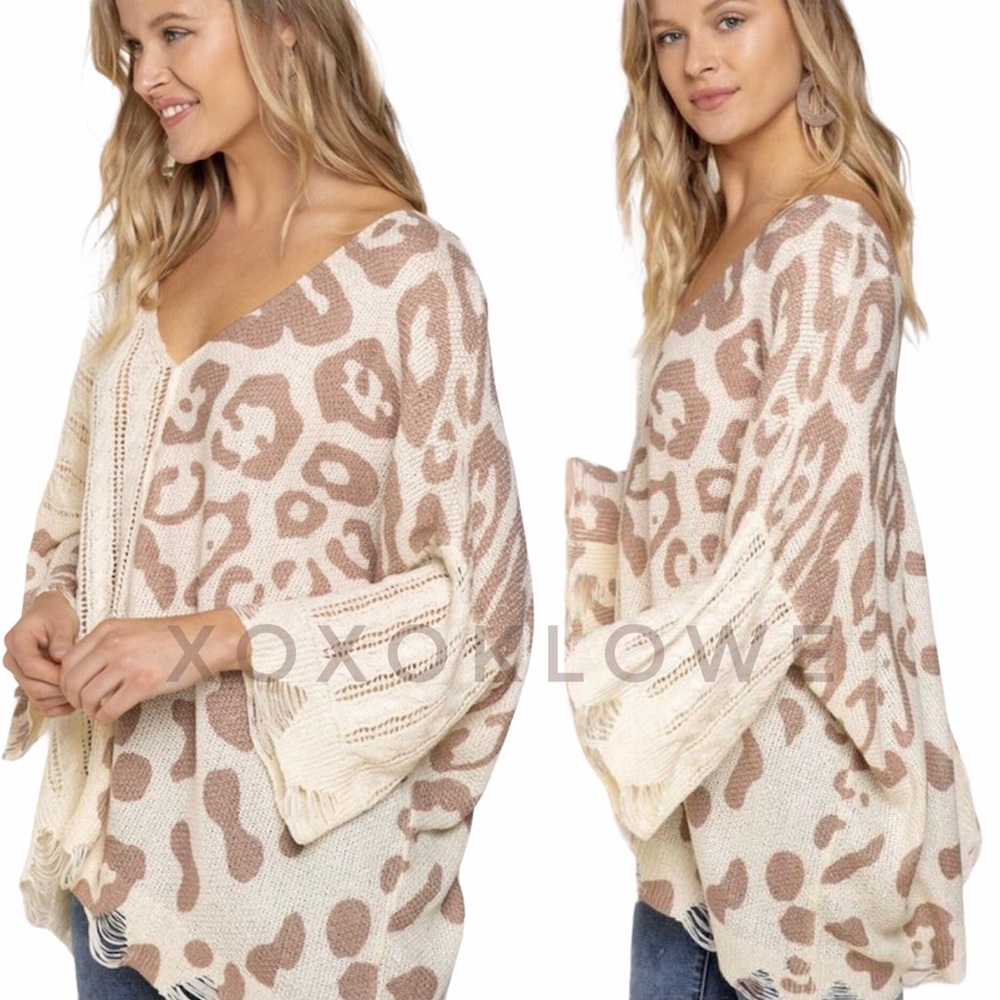 1 M LEFT POL Mixed Fabric Leopard Print & Knit Sweater Top - Picture 3 of 7